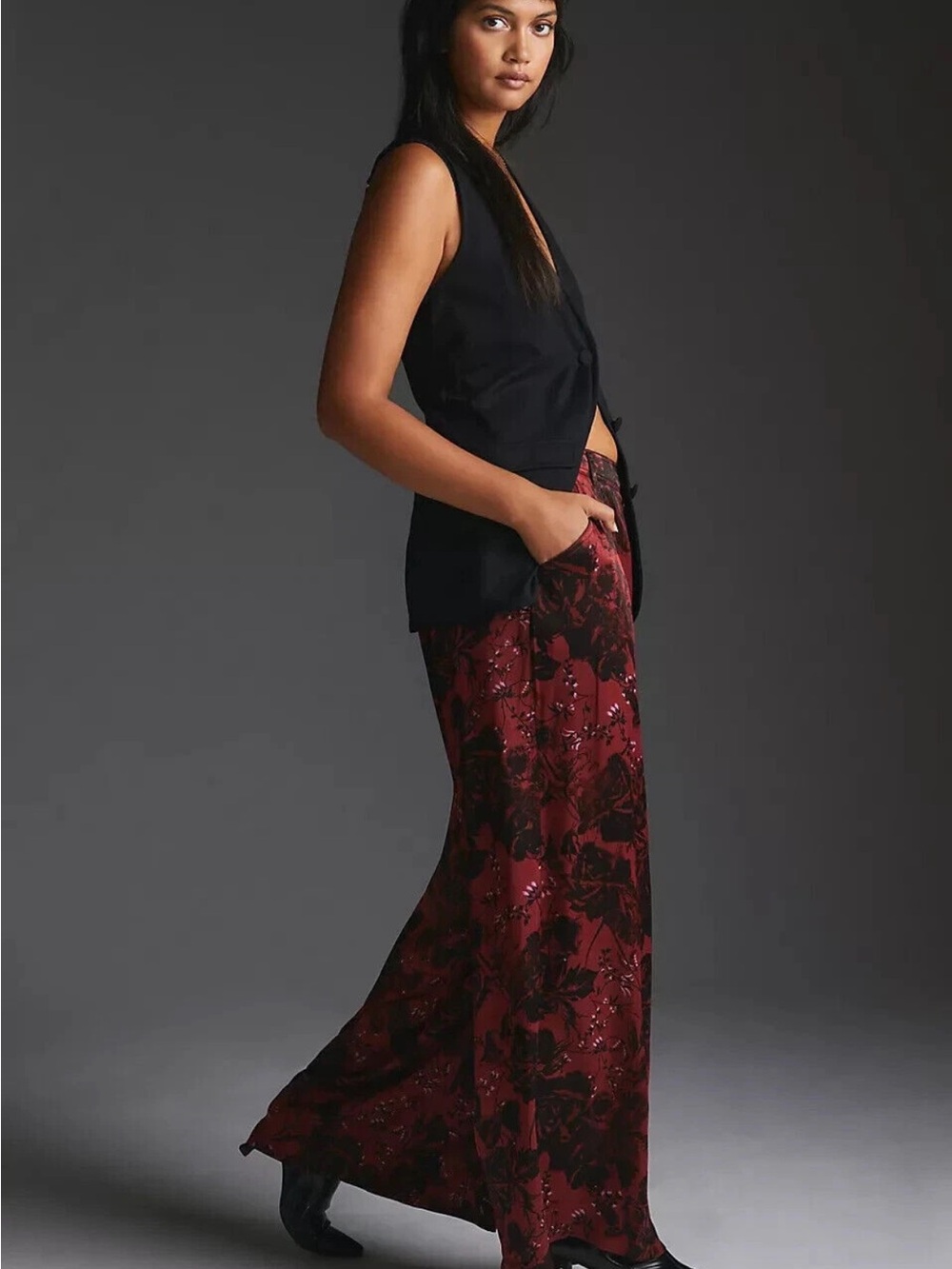 Anthropologie Printed Pleated Wide Leg Pants 12 Burgundy Black Floral - Picture 2 of 7